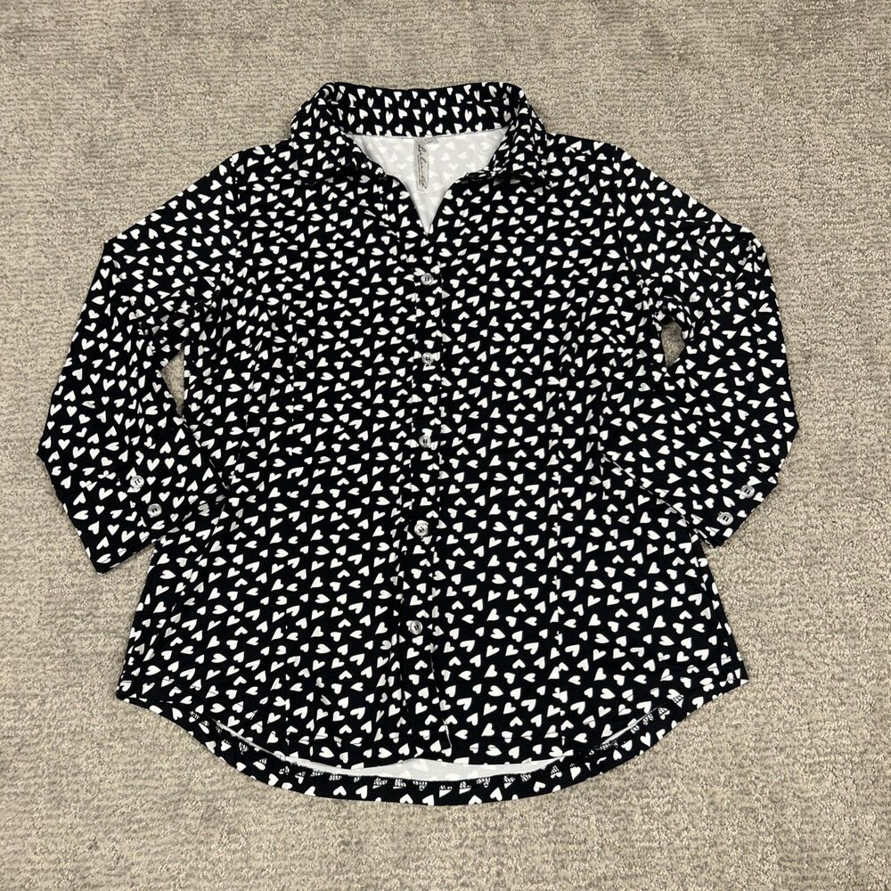 Lulu B Top Womens Medium 3/4 Slv Button Up Shirt Resort Wear Black White Hearts